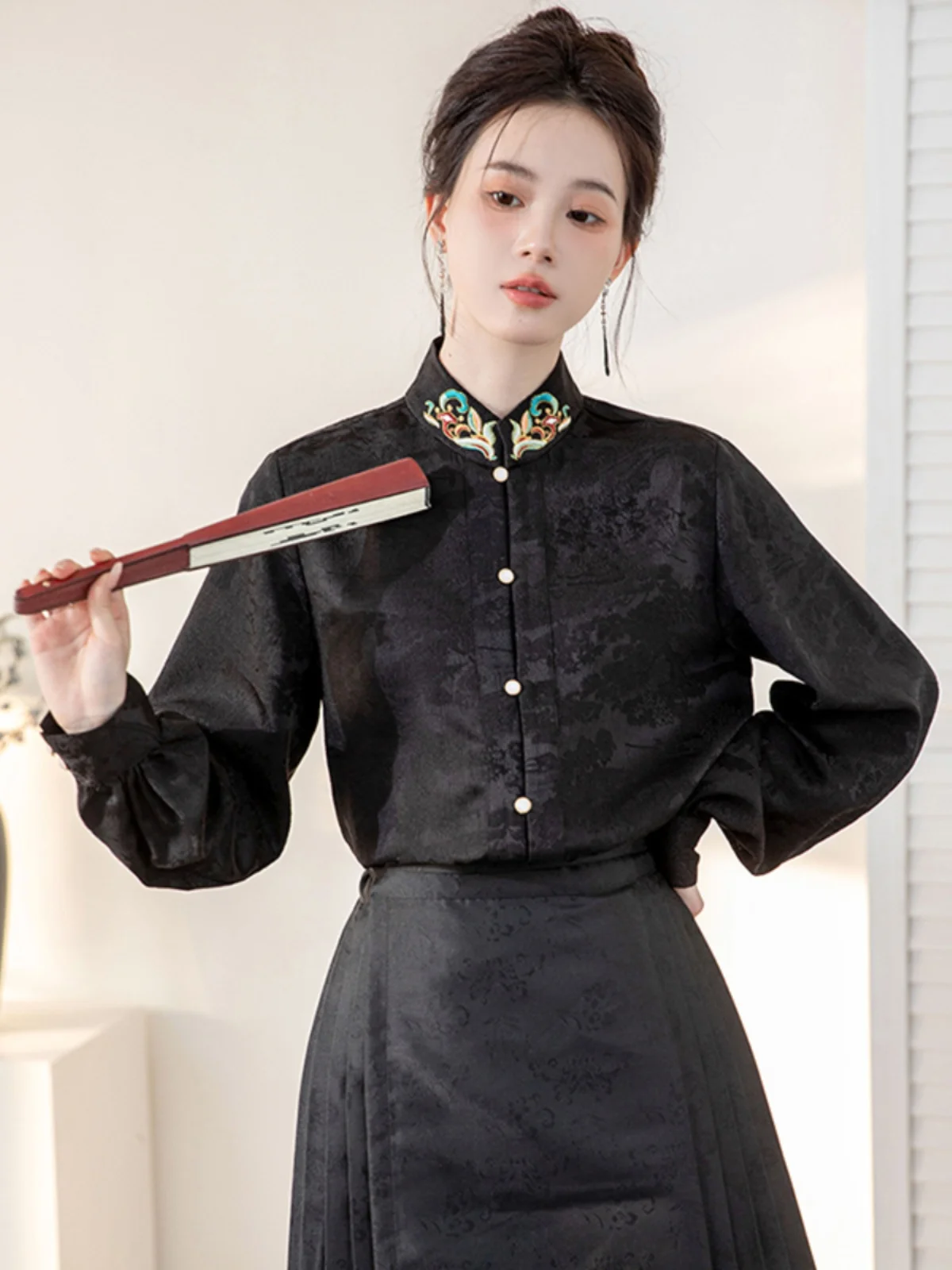 La Chabell Puella2024 Autumn New Stand Collar Solid Long sleeve Shirts Women Fashion Temperament Leisure Top