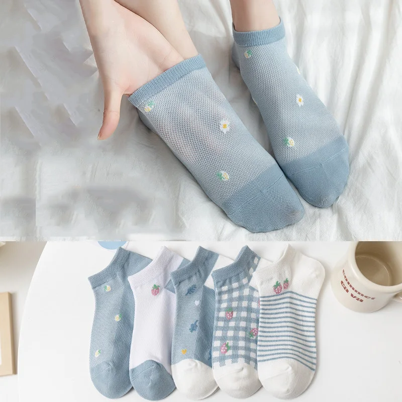 5 Pairs/Random Women's Boat Socks Casual Cute Cartoon Mesh Harajuku Summer Cute Invisible Funny Girls Socks