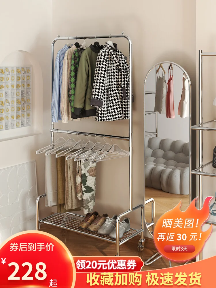 

Upper and lower double layer clothes hangers, floor to floor clothing store display racks, movable double pole women's clothing