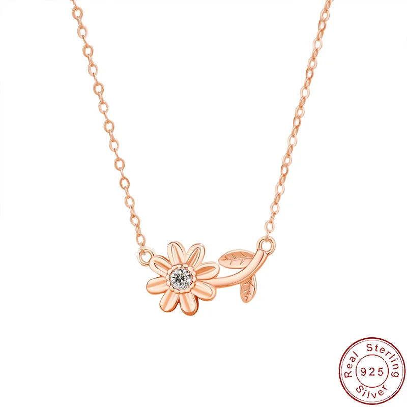 

European 925 Sterling Silver Necklace AAA CZ Rose Daisy Pedant For Women Birthday Party Gift Fine Jewelry