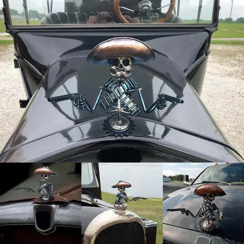 

Car Hood Skull Ornaments Dashboard Metal Skeleton Sculpture Statue Handmade Cast Cowboy Skull Auto Vent Ornament For vehicle