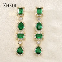 zakol luxury green rectangle oval cubic zirconia long drop earrings for elegant women fashion geometric wedding party jewelry