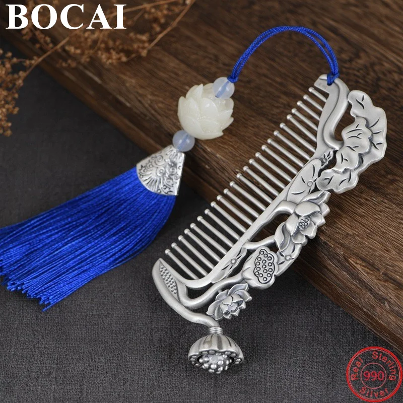 

BOCAI 100% S925 Sterling Silver Headwear Retro Double Sides Lotus Thai Silver Comb Pure Argentum Women's Charm Ornaments Jewelry