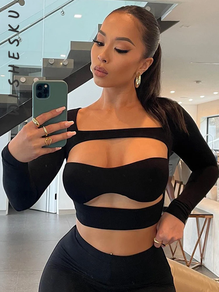 

Sexy Cut Out Long Sleeve Slim T-Shirts Women Black Punk Grunge Crop Top 2022 Spring Fall Korean Fashion 90S Lolita Y2K Clothes