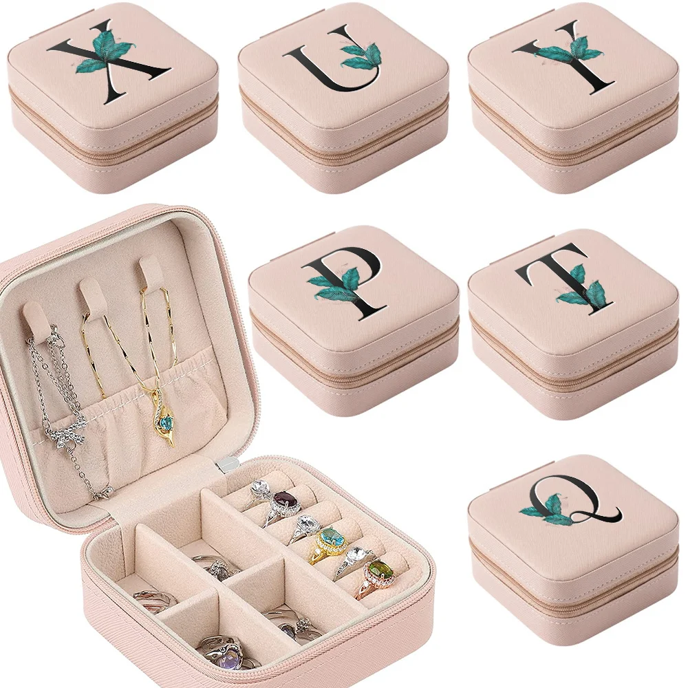 

New Jewelry Box Organizer Display Travel Jewelry Zipper Case Boxes PU Leaf Print Portable Earrings Necklace Ring Gift Box