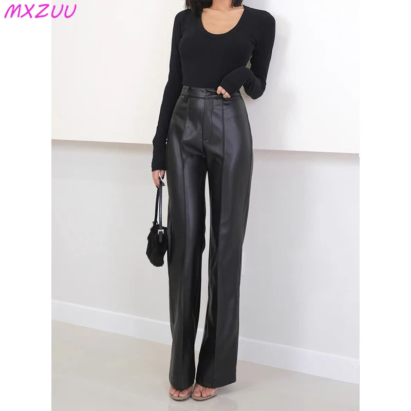 

Genuine Leather Trousers For Women Autumn New Sheepskin Straight Suit Pants Vertical Strips Slim Long Legs Casual Pantalon Femme