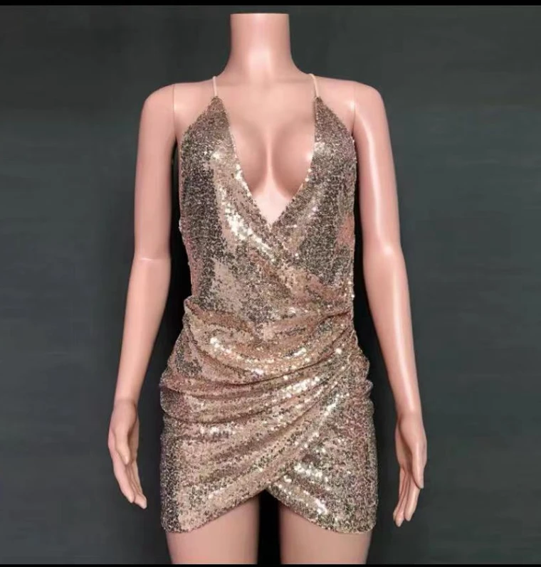

Gold Dance Costume Sequin Sling Dress Goddess Costume