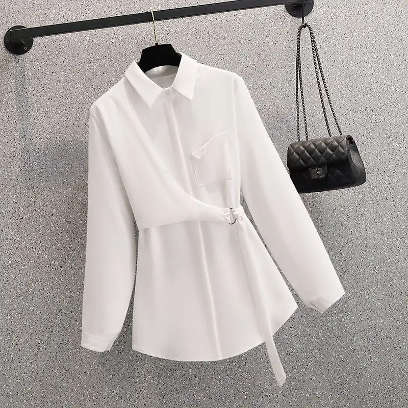 

Autumn Winter Women's Solid Color Turn-down Collar Spliced Shirt Long Sleeve Fashion Loose Bandage Button Blouse Female Clothing