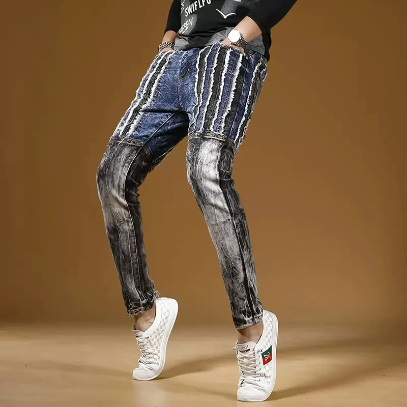 Black Blue Patchwork Jeans Men Autumn Casual Slim Fit Pencil Pants Streetwear Fashion Cotton Stretch Denim Trousers CP2018