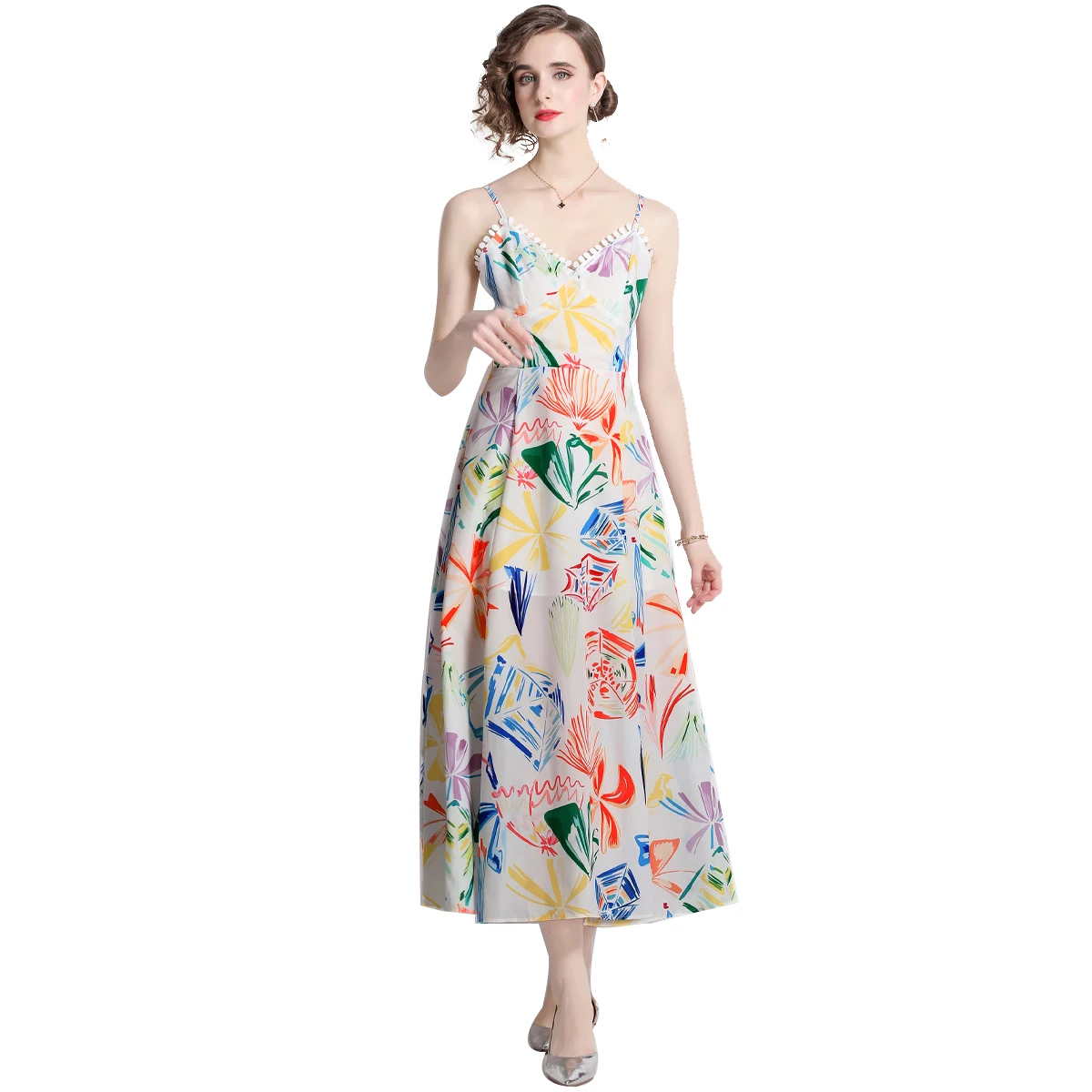 

Simgent Spaghetti Dress Women Summer 2022 New Fashion Beach Printing Elegant V-Neck A Line Midi Long Dresses Vestidos SG25125