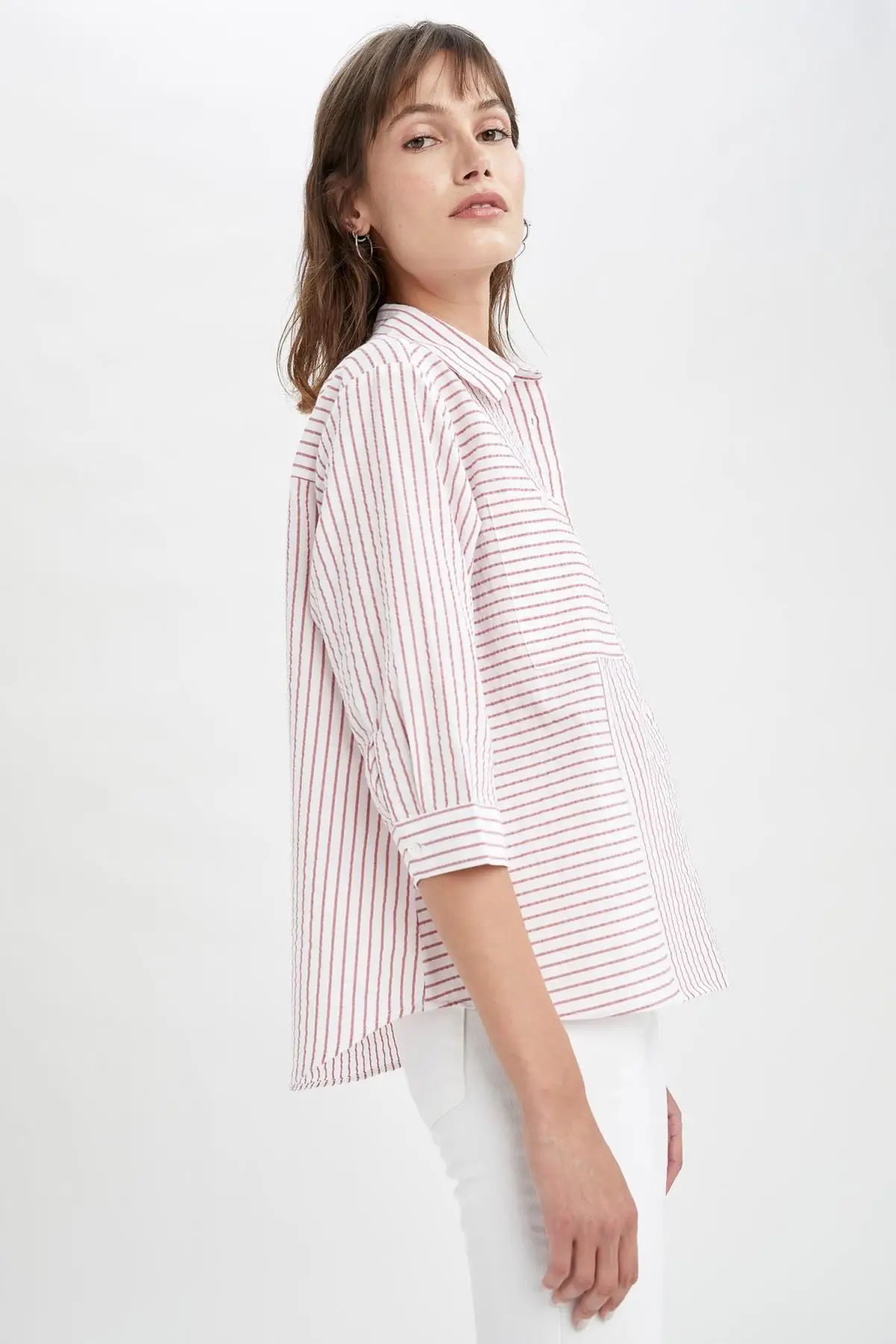 

Women Red Striped Mobile Detailed Oversize Fit Half Sleeve Shirt Tunic