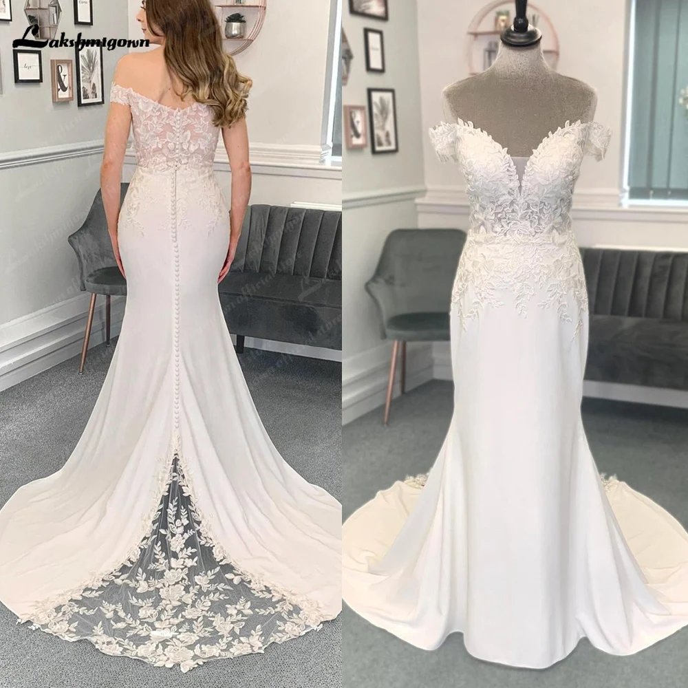 

Roycebridal Off shoulder Mermaid Wedding Dress Lace Appliques V Neck Sleeveless Bridal Gown robe de mariée bohème