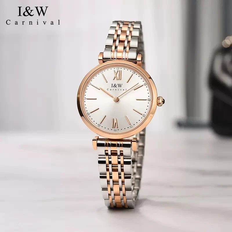 CARNIVAL Brand Fashion Diamond Quartz Wristwatches Ladies Luxury Rose Gold Sapphire Girls Watch Waterproof for Women Reloj Mujer