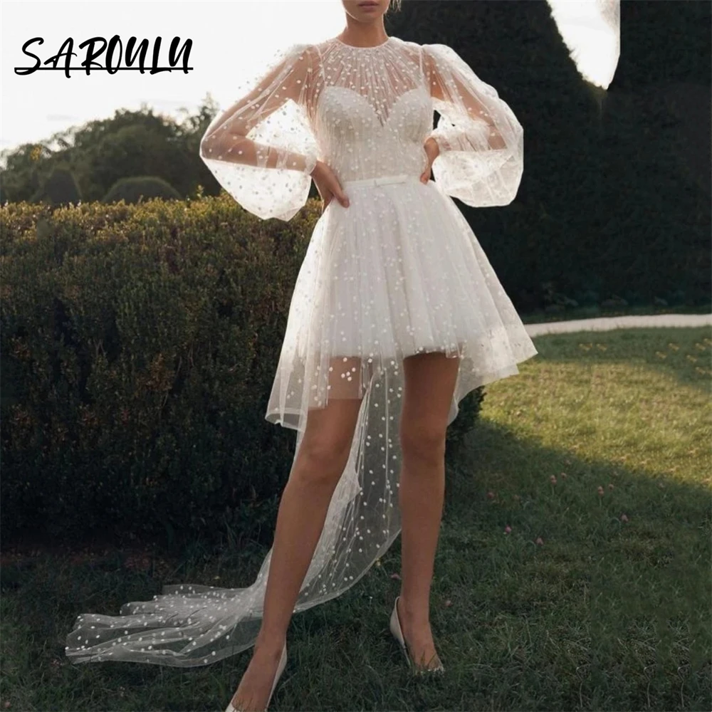 

Deep V Neck Polka Dot Backless Mopping Hem Mesh Wedding Dress Set Long Sleeve O Neck Short Bridal Gown
