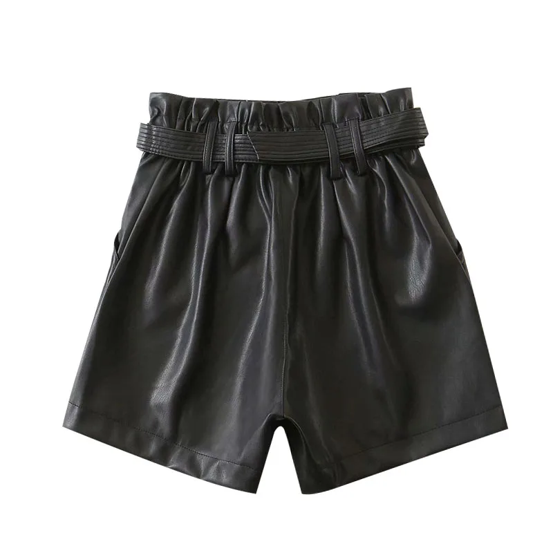 2022 Women Chic Fashion With Belt Faux Leather Shorts Vitnage High Waist Zipper Fly Pockets Female Short Pants Mujer