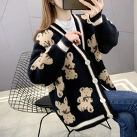 cute bear knitted sweater cardigan women mid length 2021 loose korean style v neck knit jacket oversized cardigans christmas red