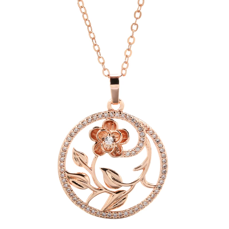 

New 585 Rose Gold Hollow Flower Pendant Necklaces for Women Periphery Inlay Tiny Zircon Wedding Elegant Long Chain Necklaces