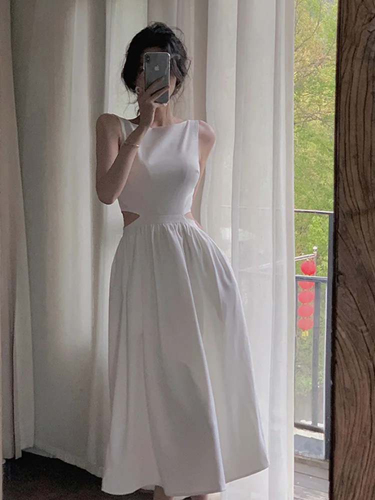 

Женское винтажное платье средней длины, белое Элегантное платье без рукавов с поясом и вырезом-лодочкой, летняя одежда для выпускного вечера