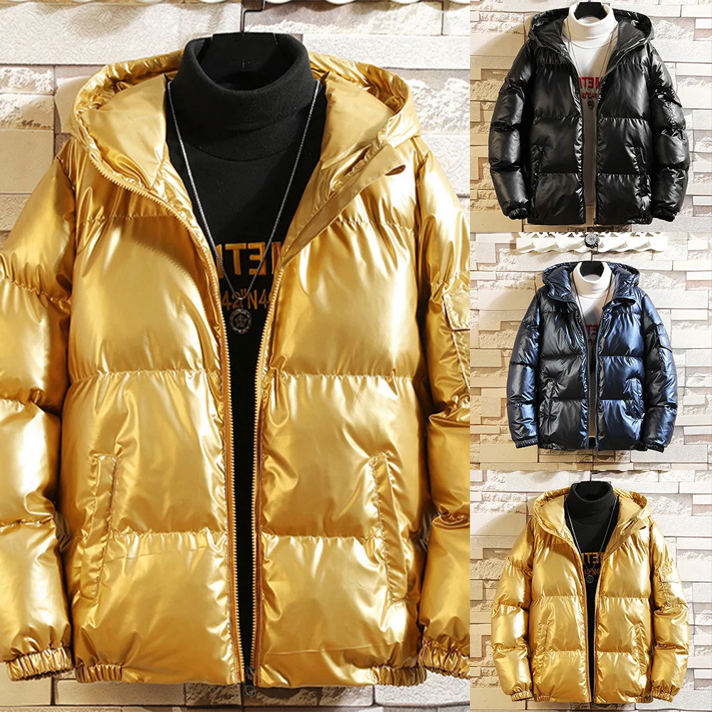Men Winter Wram Coat Shiny Ski Snow Thick Hooded Jacket Bubble Puffer Casual Overcoat Classic Windproof Outwear Outfits