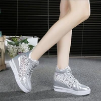ladies wedge heel platform sneakers rubber bullock leather high heels lace up toe raised white silver non slip breathable