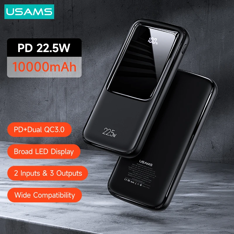 

USAMS PD 22.5W Fast Charge Power Bank Digital Display QC3.0 10000mAh Powerbank Portable External Battery For Phone Tablet Laptop