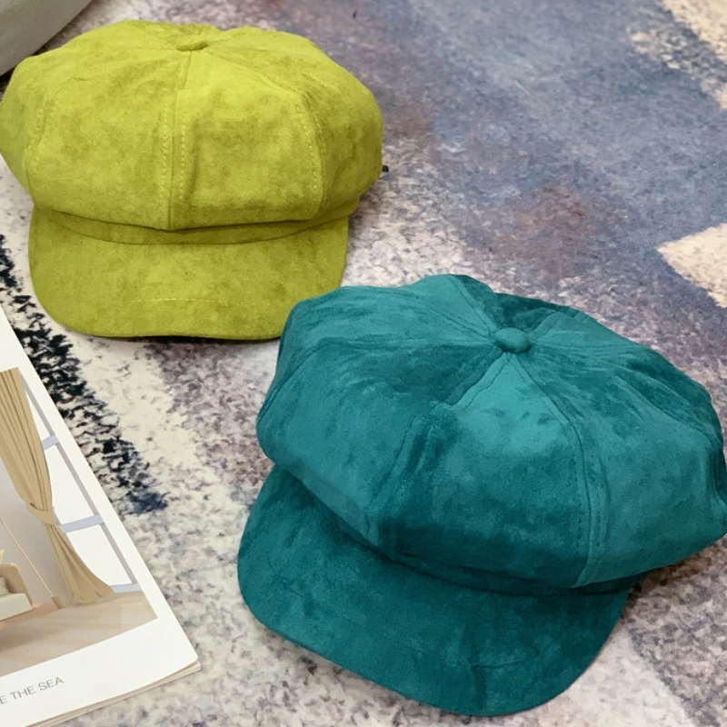 

Trendy Casual Wild Peach Skin Velvet Solid Color Girl's Octagonal Hat Japanese Literary Temperament British Retro Female Beret