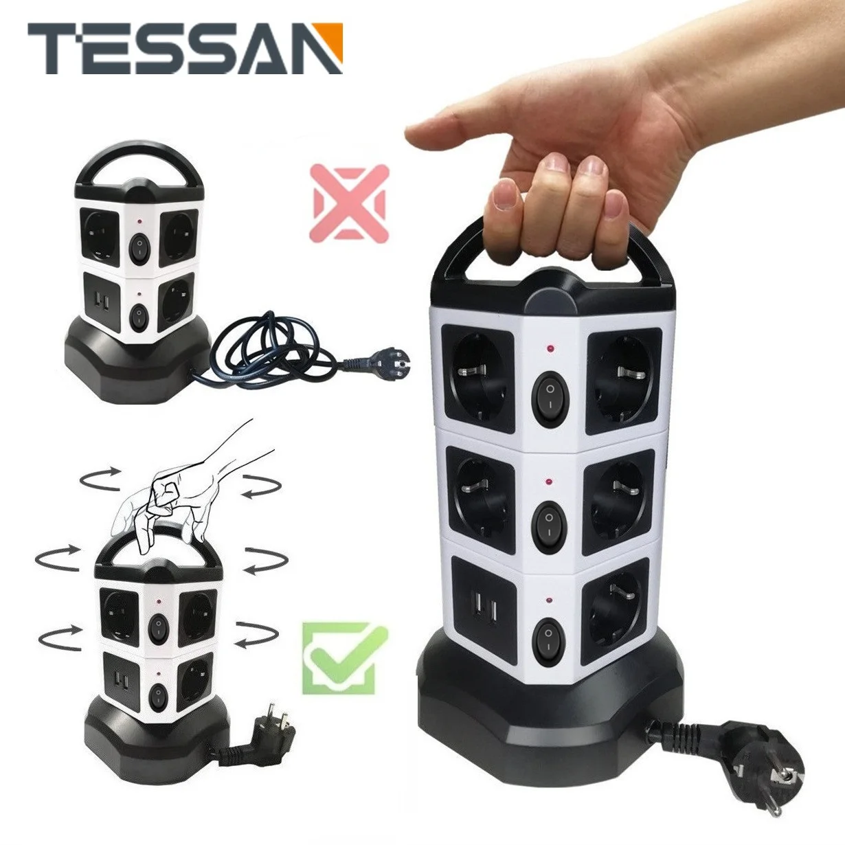 TESSAN Tower Power Strip Vertical EU Plug Multi-tap Outlets with USB Ports Individually Switches 2M Retractable Extension Cord