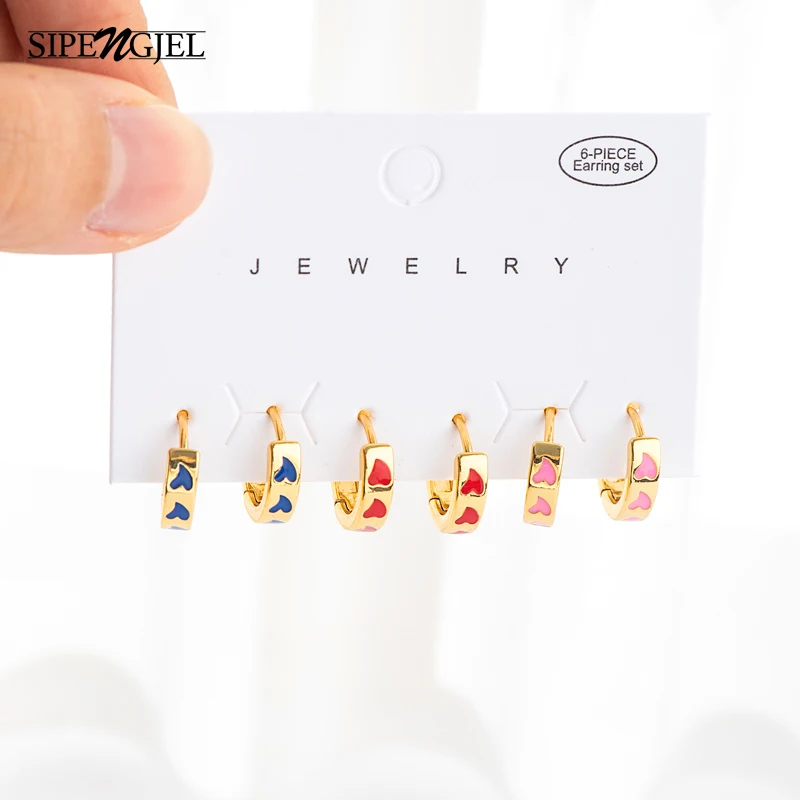 

SIPENGJEL 3 Pair Fashion Circle Metal Small Hoop Earrings Set for Women Korea Colorful Enamel Love Heart Dangle Earrings Jewelry