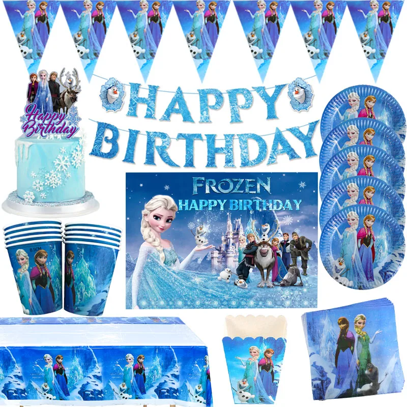 Disney Frozen Elsa&Anna  Party Decorations Blue Dot Style Children's Birthday Dsposable Tableware Paper Cups Plates Napkins