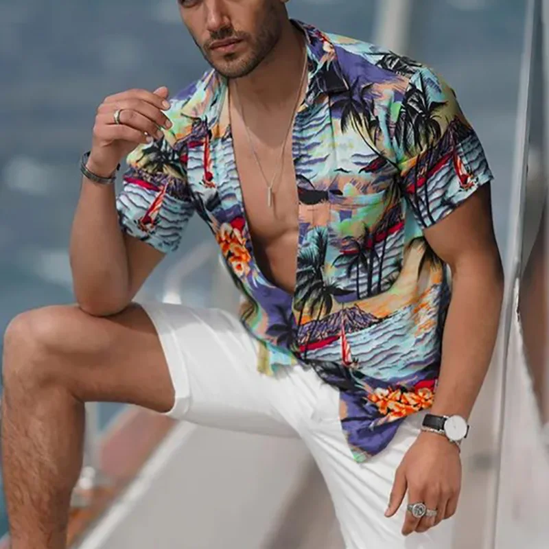 Blouse Tops for Men's Print Slim-Fit Cardigan Blouse Men's Short Sleeve Single Breasted Turn-down Collar Shirt Hawaiian Shirt