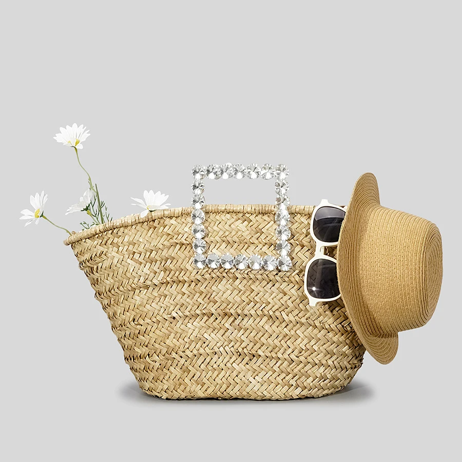 

Fashion Diamonds Handle Rattan Basket Bag Wicker Woven Women Handbags Causal Summer Beach Large Bucket Bags Big Bali Straw Purse