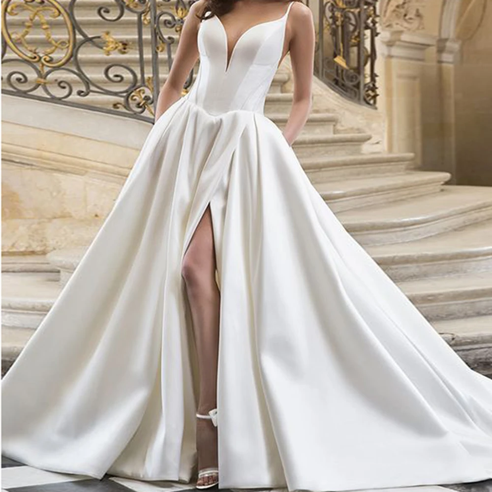

Modern Wedding Dresses Deep V-Neck Spaghetti Straps High Slit Long Train A-Ling Backless Bride Gown For Women Party vestidos