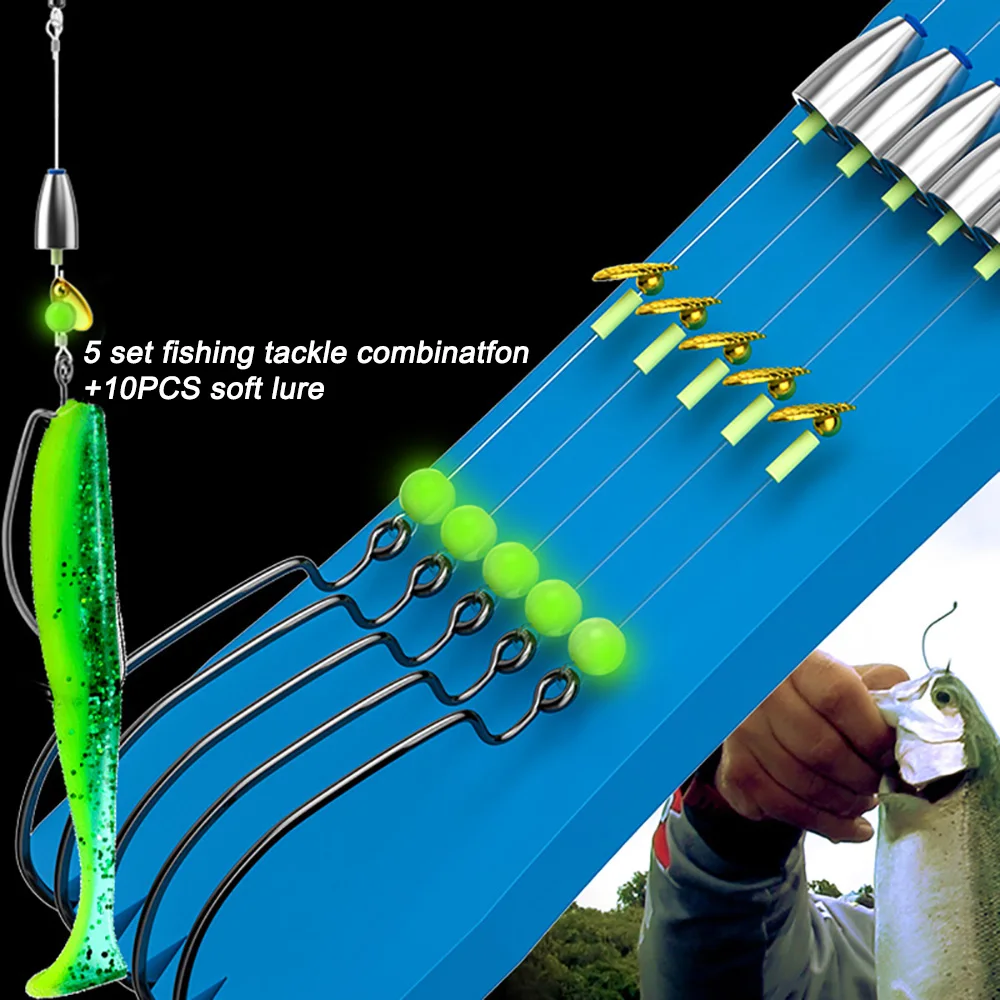 5 Set Dropshot Rig Texas Rigged Tackle Combination Jig Head Fish Line Binded Hooks Luminous VIB Spoon Bait with 10PCS Soft Lure