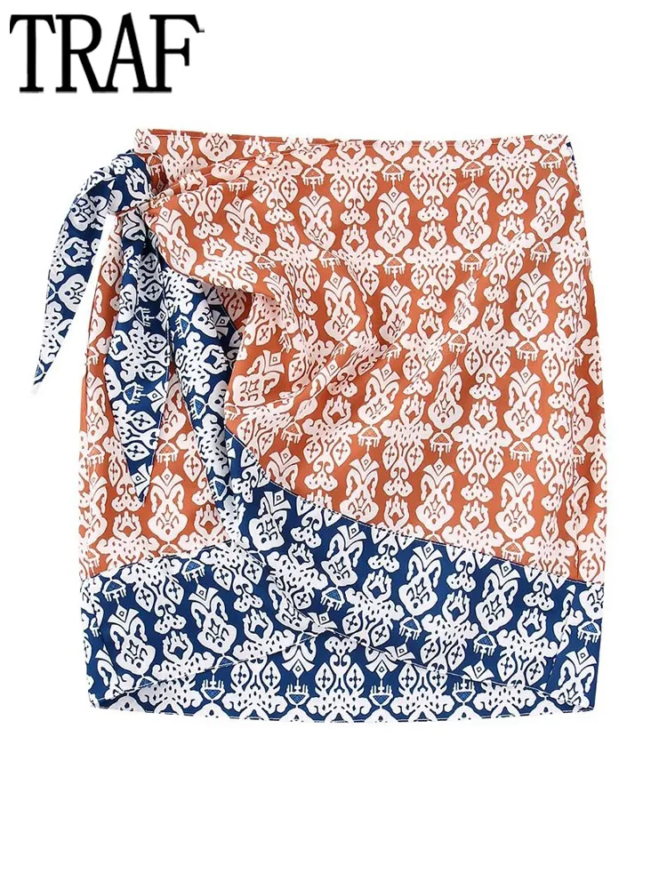 

Юбка траф женская с запахом и принтом, Короткая Повседневная пляжная мини-юбка с завышенной талией в стиле бохо, лето 2022