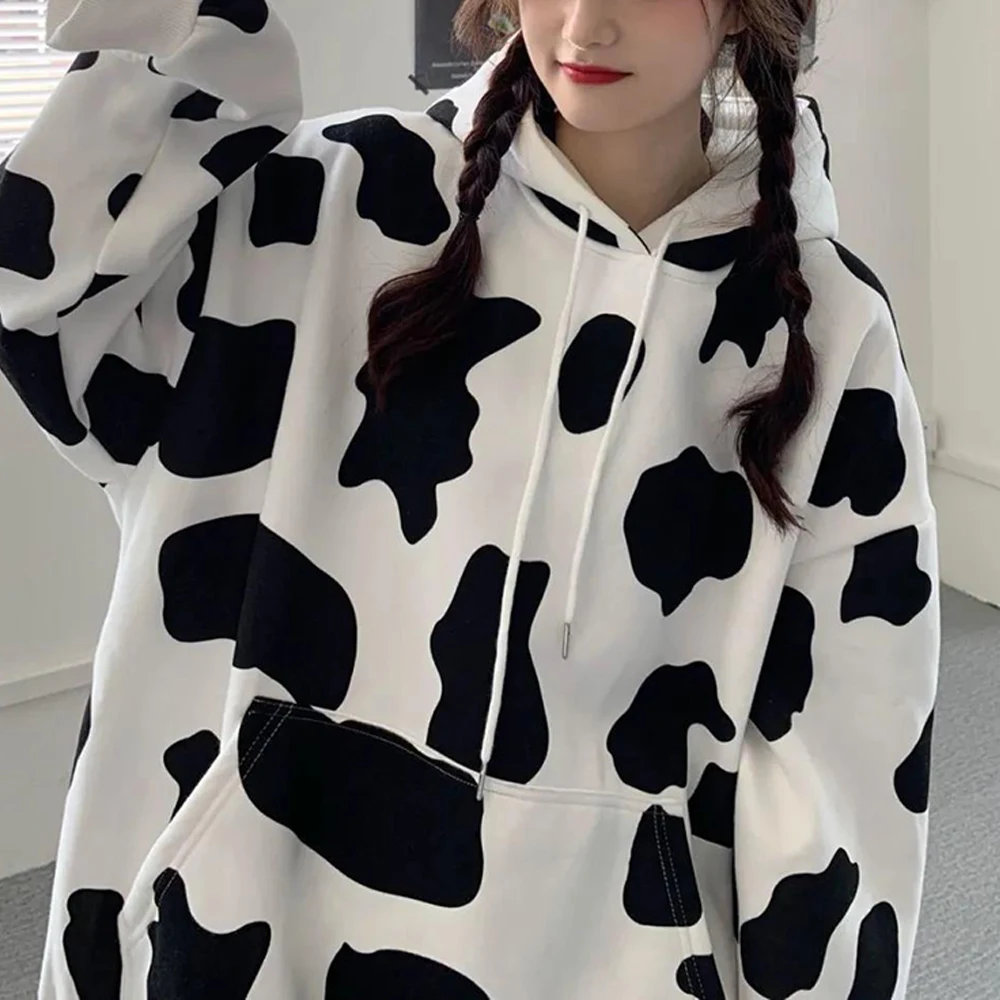 

Свитер с коровьим принтом Свободный Топ корейский пуловер с длинным рукавом с капюшоном Блузка Женская Новинка весна-осень 2022 женская одеж...