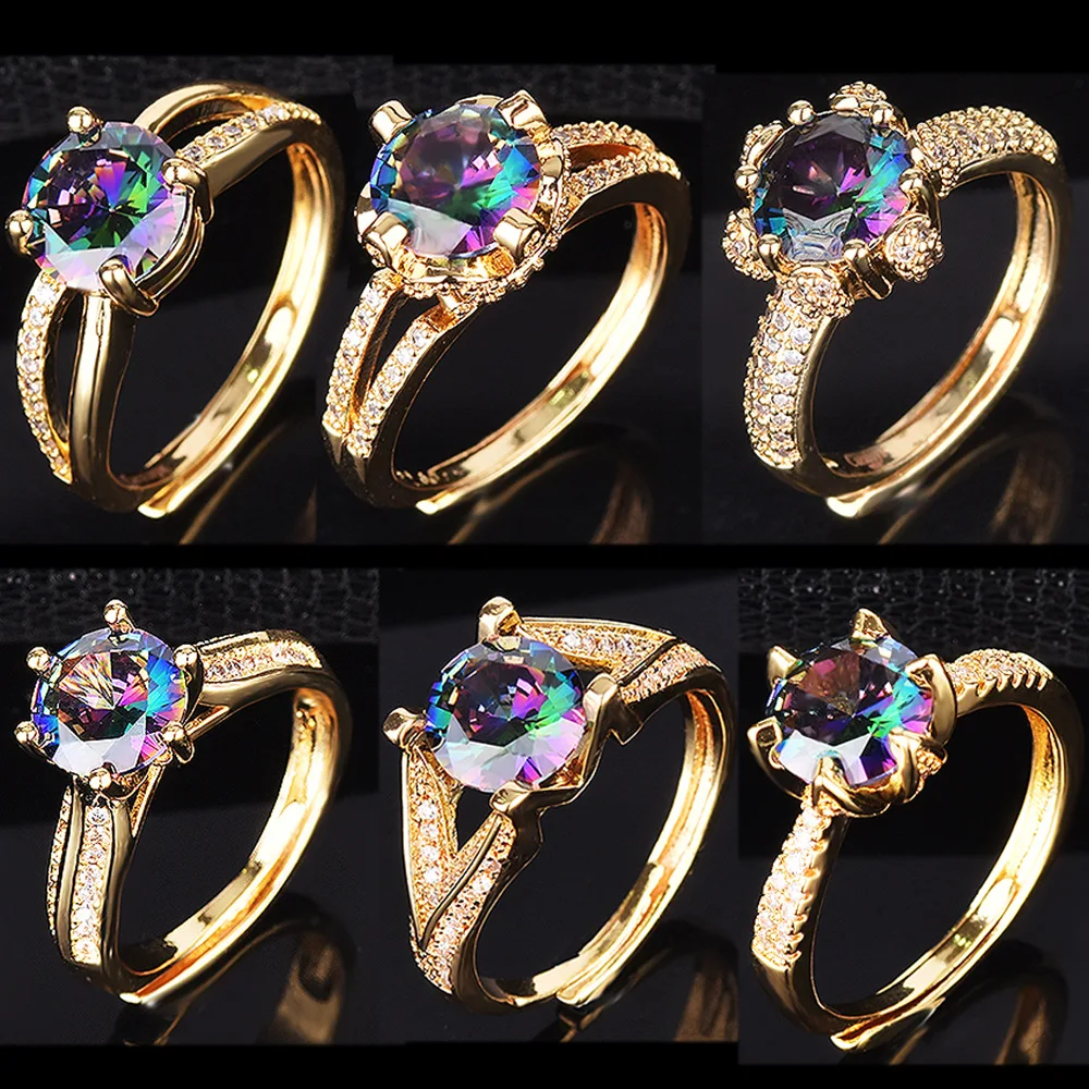 

HOYON Colorful gems Laser Diamond Imitation Moissanite Ring women's Star Queen Crown Wedding Engagement Opening ring Adjustable