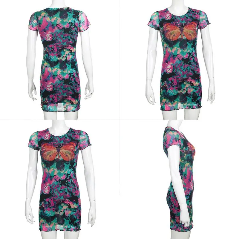 

Women Short Sleeve O-Neck Bodycon Ruffles Mini Dress Harajuku Butterfly Tie-Dye Printed Sexy Mesh High Waist Summer Party P8DB