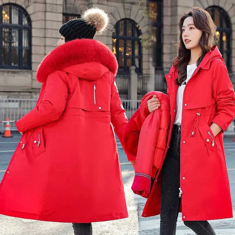 Winter Women's Parka Big Fur Collar Detachable Double Thick Lining Slim Waist 2022 New Jacket Mid long Casual Cotton Padded Coat