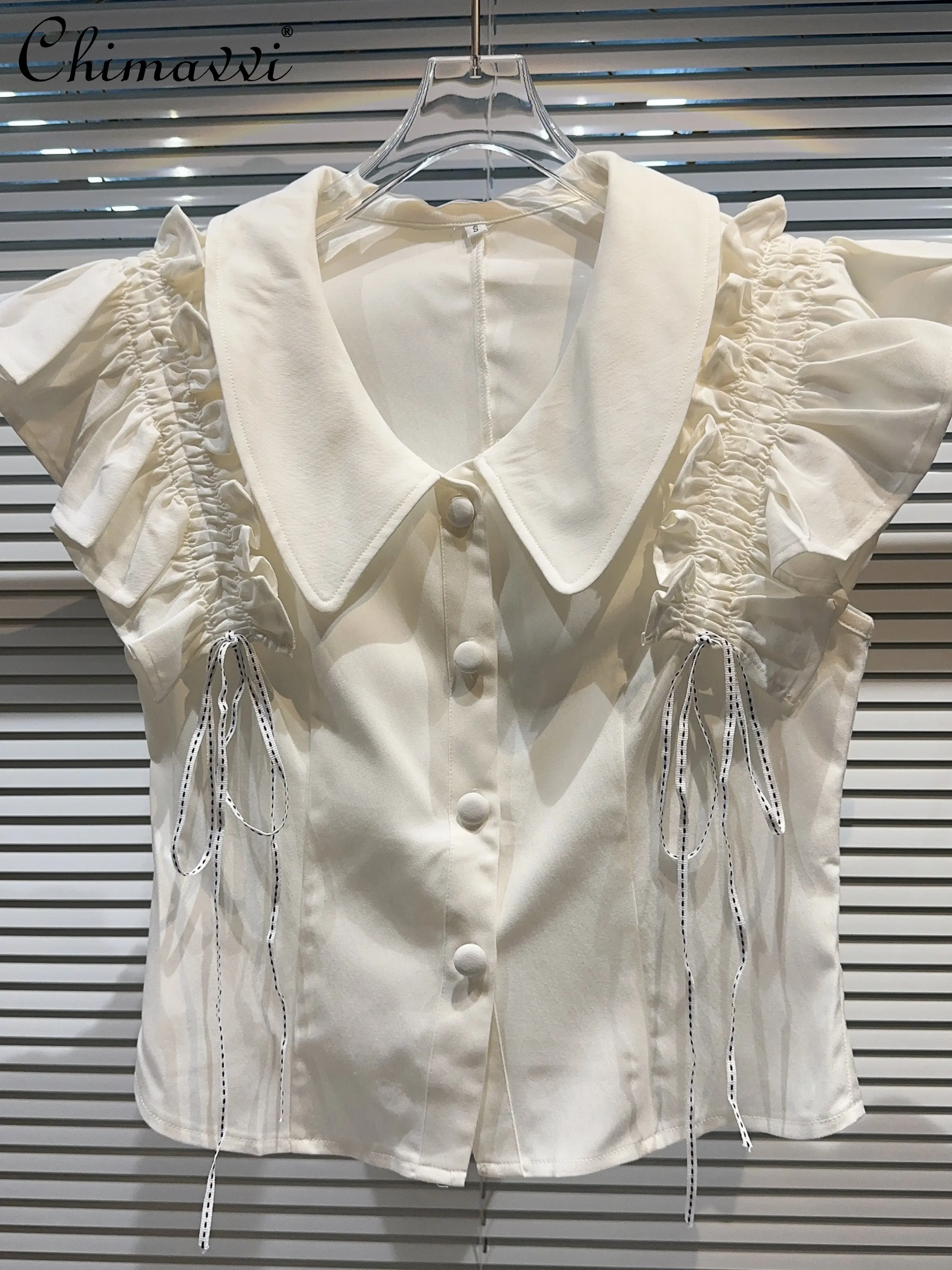 

2023 Summer New Fashion Drawstring Lace-up Pleated Flying Shoulder Sleeve Shirt Elegant Socialite Blouse Women Casual Lady Tops