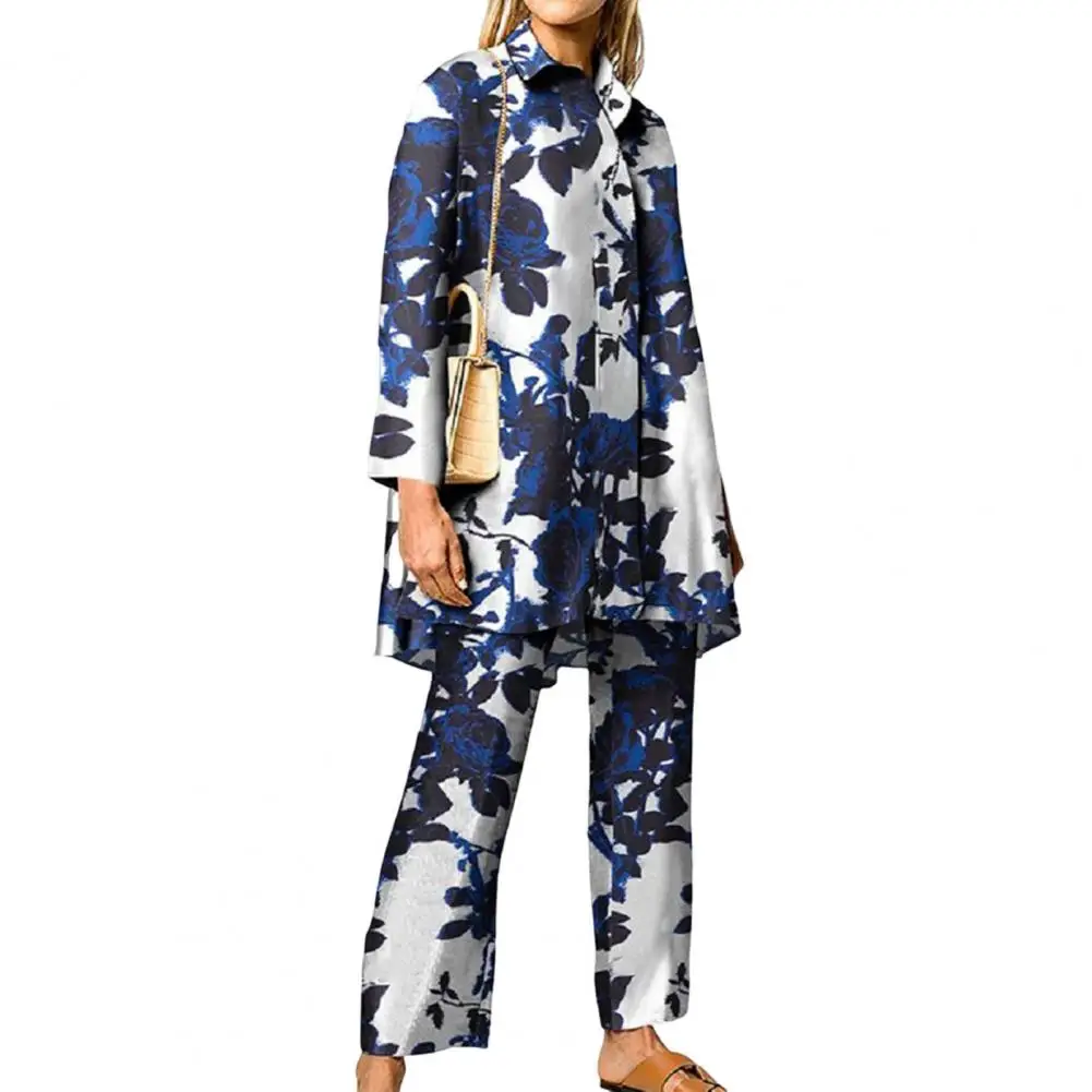 

2 Pcs/Set Chic Women Shirt Pants Set Loose Flower Pattern Lady Top Pants Set Face Outline Print Lady Top Pants Suit