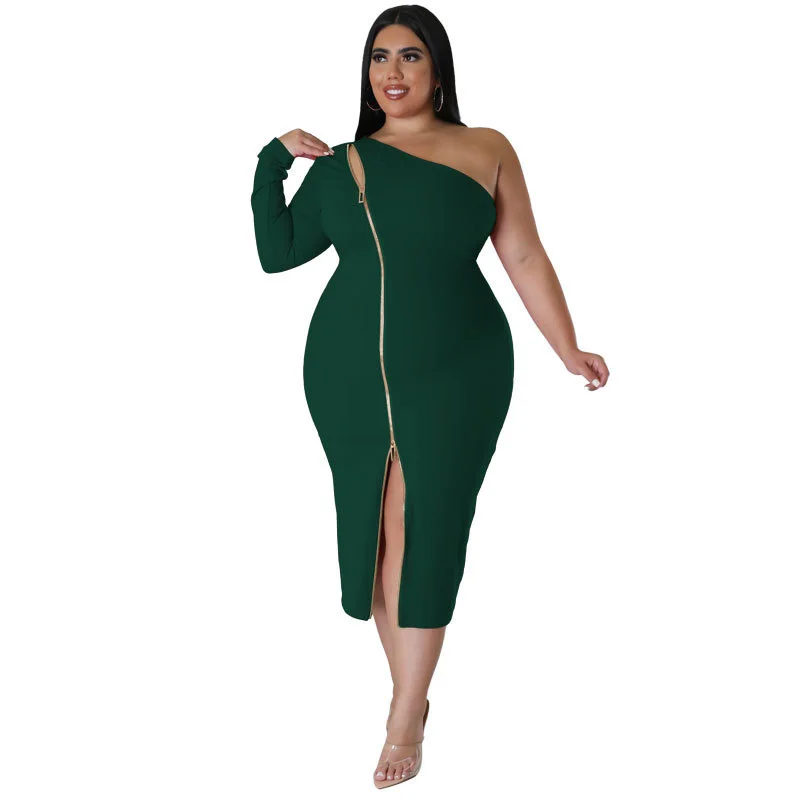 Plus Size Women Dress Sexy Zipper Side Split One Shoulder Long Sleeves Fashion Bodycon Dress Mid Calf 3xl 4xl 5xl 6xl