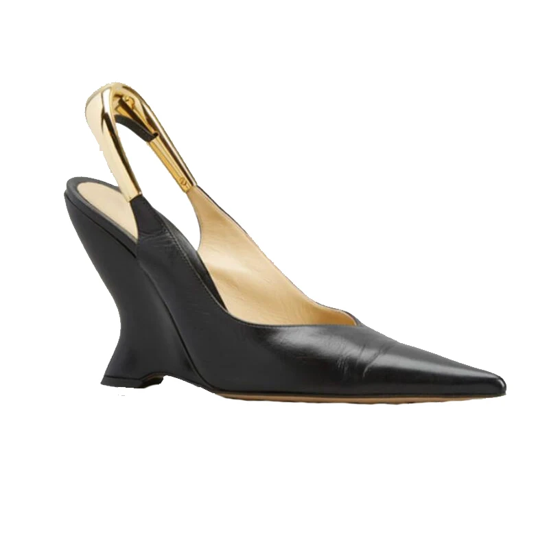 

2023 Summer New Brand Women's Sandals High Quality Leather Wedgies Heel Pointed Toe Mullers Sexy Shallow Mouth Shoes Big Size 44