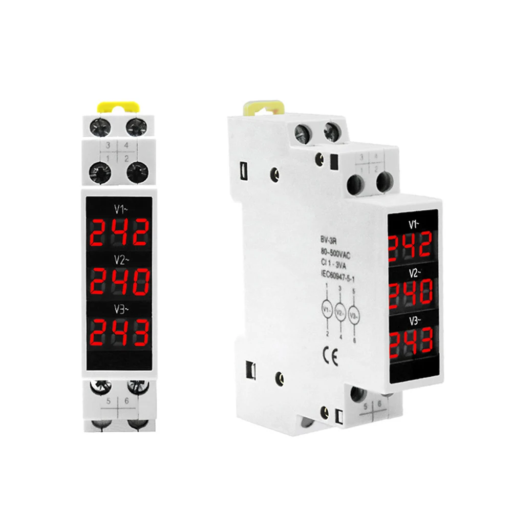

Three-Display Voltmeter Din Rail Three Phase Modular Voltage Meter AC80-500V 1VA V1V2V3 BV-3R 50-60HZ Digital Display Voltmeter