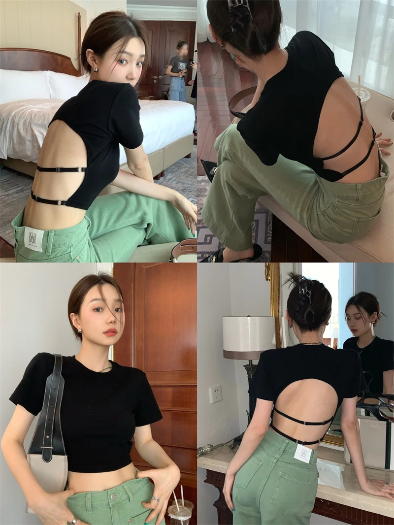 

European and American ins short sleeved T-shirt women pure desire hot design sense niche backless short sexy sweet Spice Girl Bl