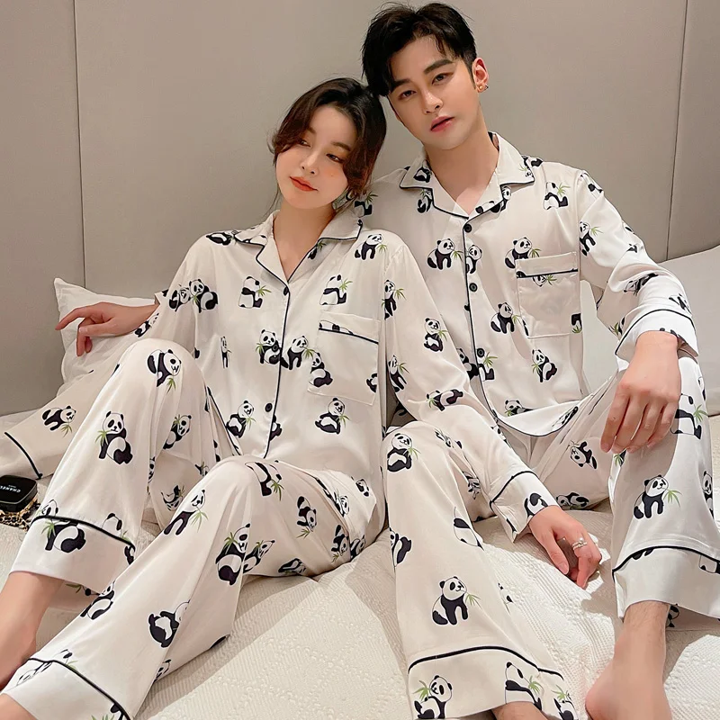 2022 Spring and Autumn New Couple Men and Women Pajamas Ice Silk Korean Version Cardigan Lapel Ice Silk Home Service Suit