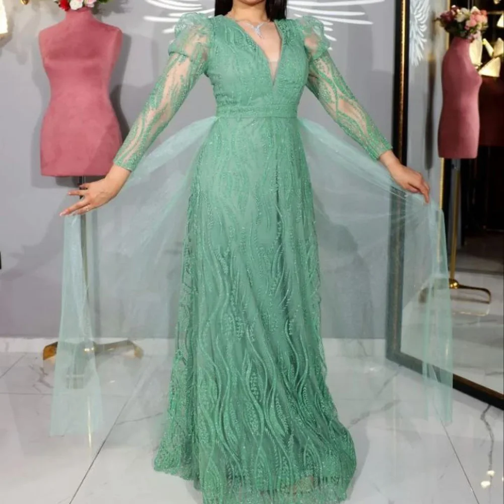 

FLORINE TULIRAIN Summer Trumpet Floor-Length Green Evening Dress Elegant V-Neck Lace Appliques Prom Gown For Charming Women