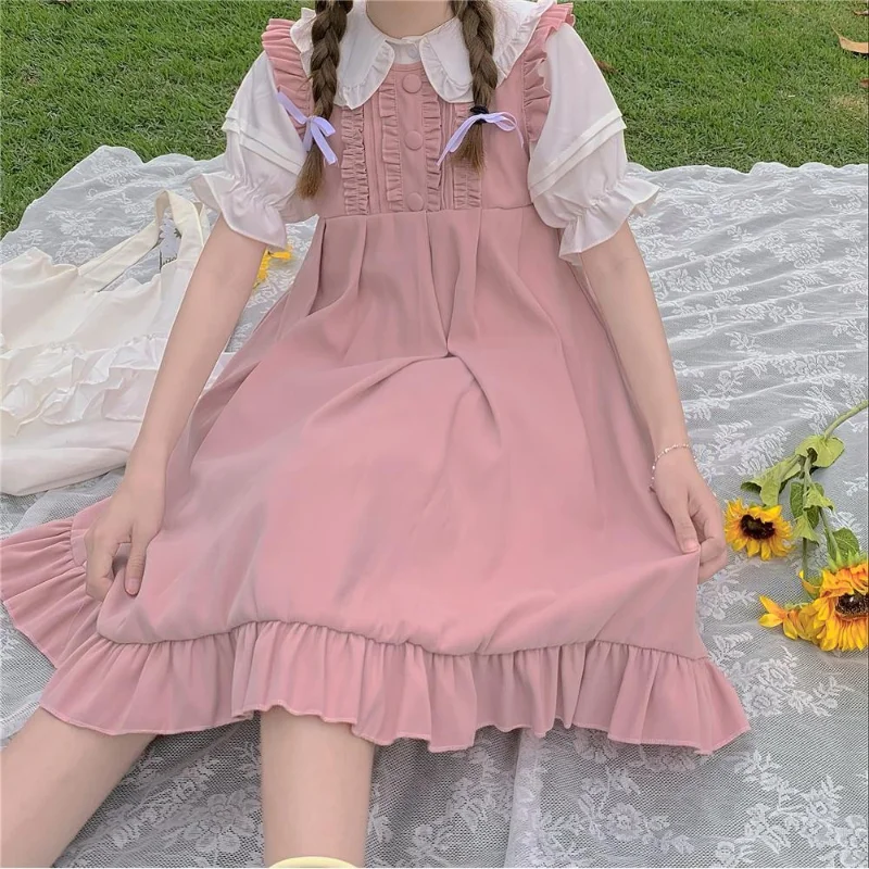 

Kawaii Summer Dress Pink Sweet Lolita Japanese Preppy Style Ruffle Short Dress Two-piece Suit Cute Sundresses Women Sleeveless