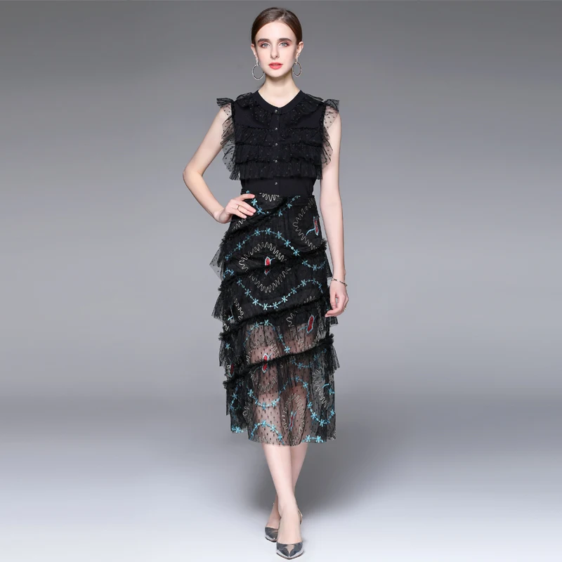 Женский костюм с вышивкой WTIANYUW летний комплект из 2 предметов черный топ без