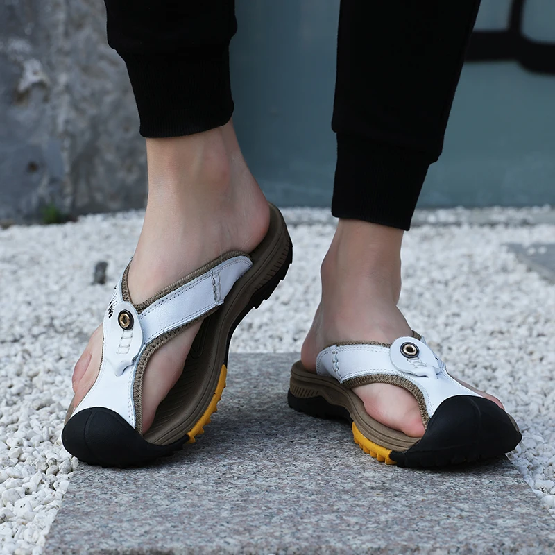 Summer slippers men's flip-flops indoor home leather outdoor soft bottom non-slip beach sandals flip-flops large size 46