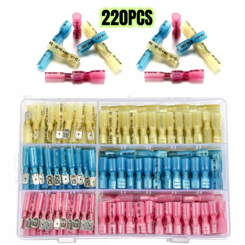 

220Pcs Insulated Female/Male Spade Electrical Wire Connectors Waterproof Seal Heat Shrink Splice Crimp Terminals Assortment Kit